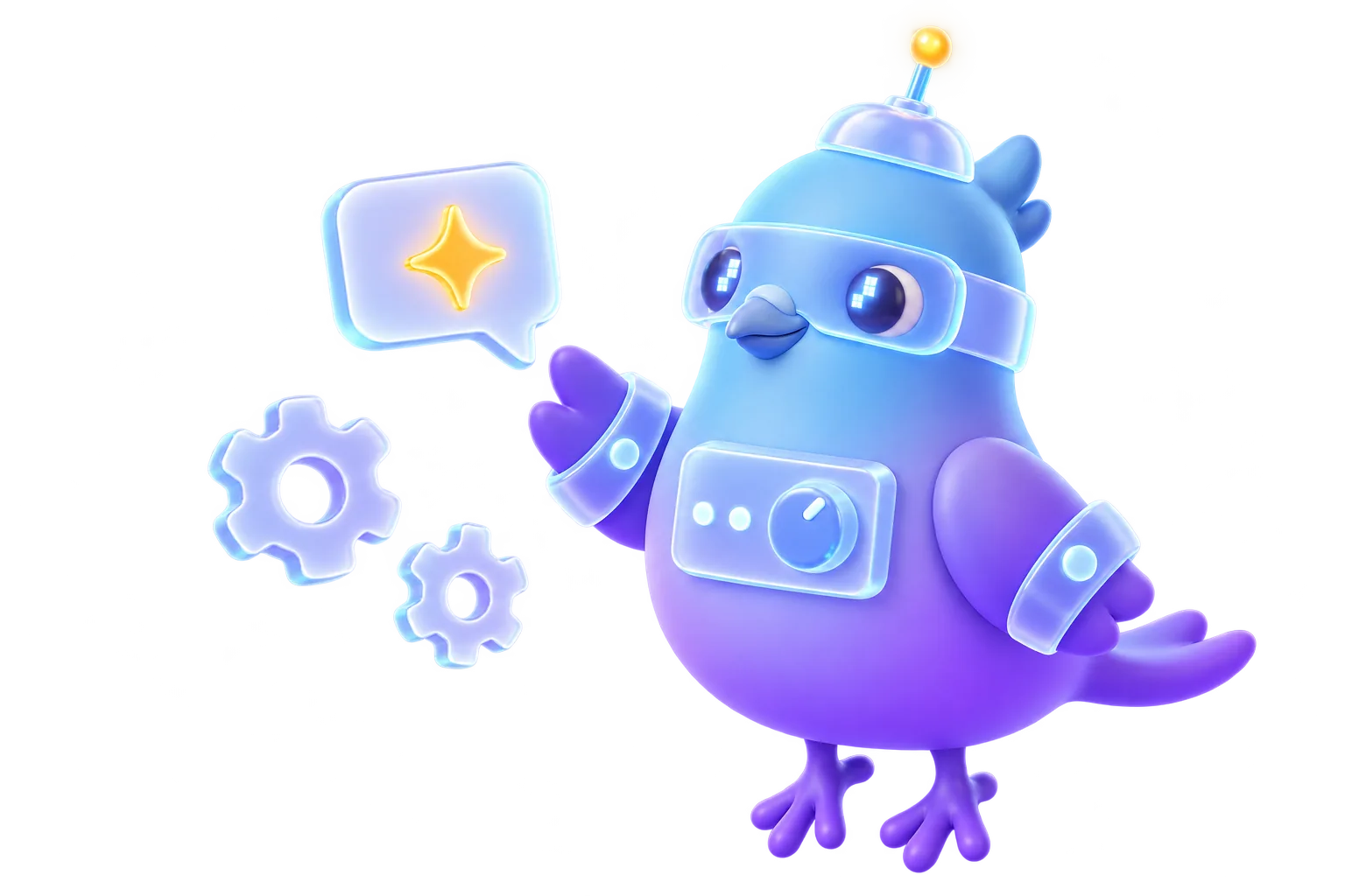 Ilustração: a pomba da Pomba Studio vestida de robô, com um balão de conversa e engrenagens.