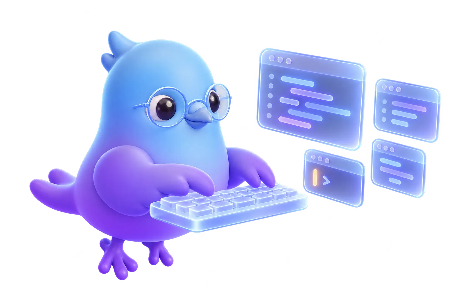 Ilustração: a pomba da Pomba Studio, de óculos, programa num teclado com janelas de código ao redor.